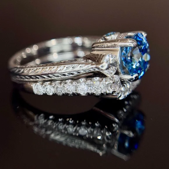 2.55 ctw Old European Cut Blue Lab and Natural Diamond Wedding Set - Picture 8 of 17